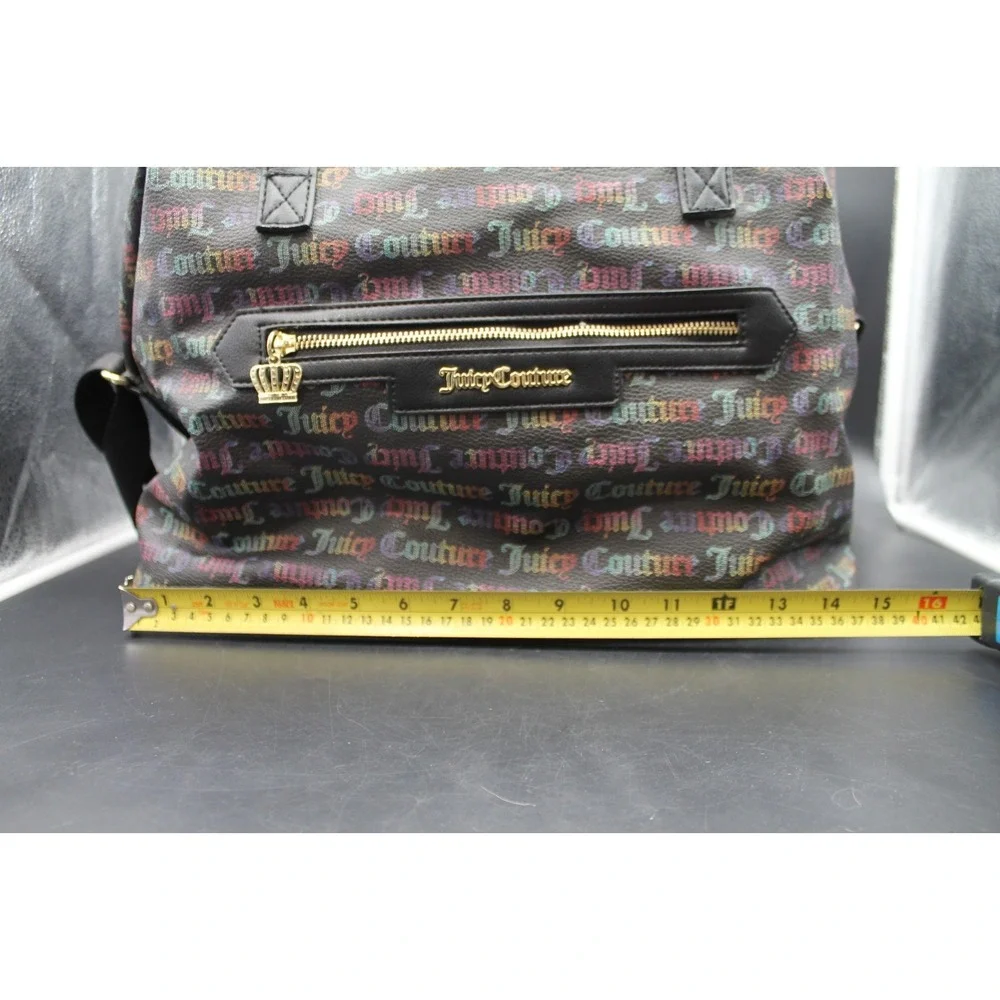 Juicy Couture Rainbow Logo Print Satchel Duffel Shoulder Bag Black Crown Charm